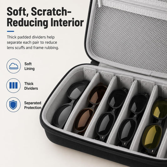 6-Slot Travel Sunglasses Organizer Case, Hard Shell Eyewear Storage Box with Handle, Portable Multiple Glasses Holder for Sunglasses, Reading Glasses, Road Trips, Vacations, Black