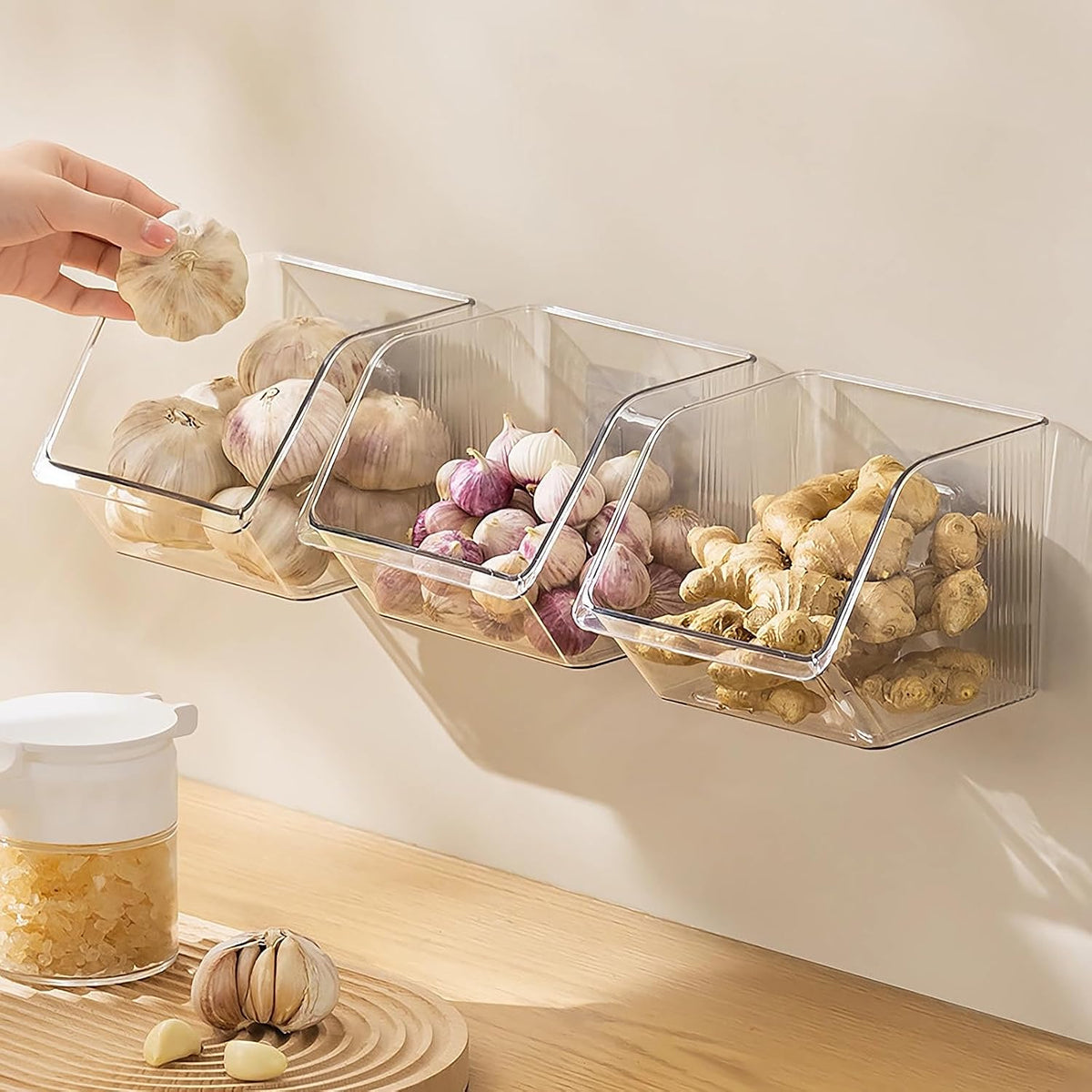3-Pack Small Clear Acrylic Wall Mounted Storage Baskets, Adhesive Wall Mounted Storage Bins for Cabinet, Kitchen, Pantry, Bathroom