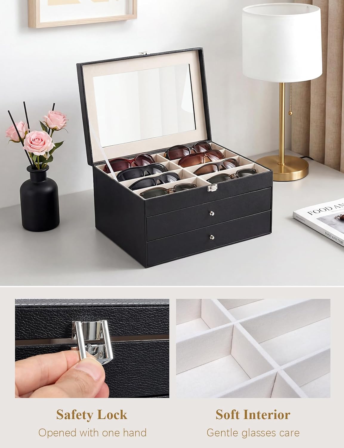 Sunglasses Glasses Storage Organizer Case with 32 Adjustable Slots, 3 Layer Multi Eyeglass Display Box with Lid Women
