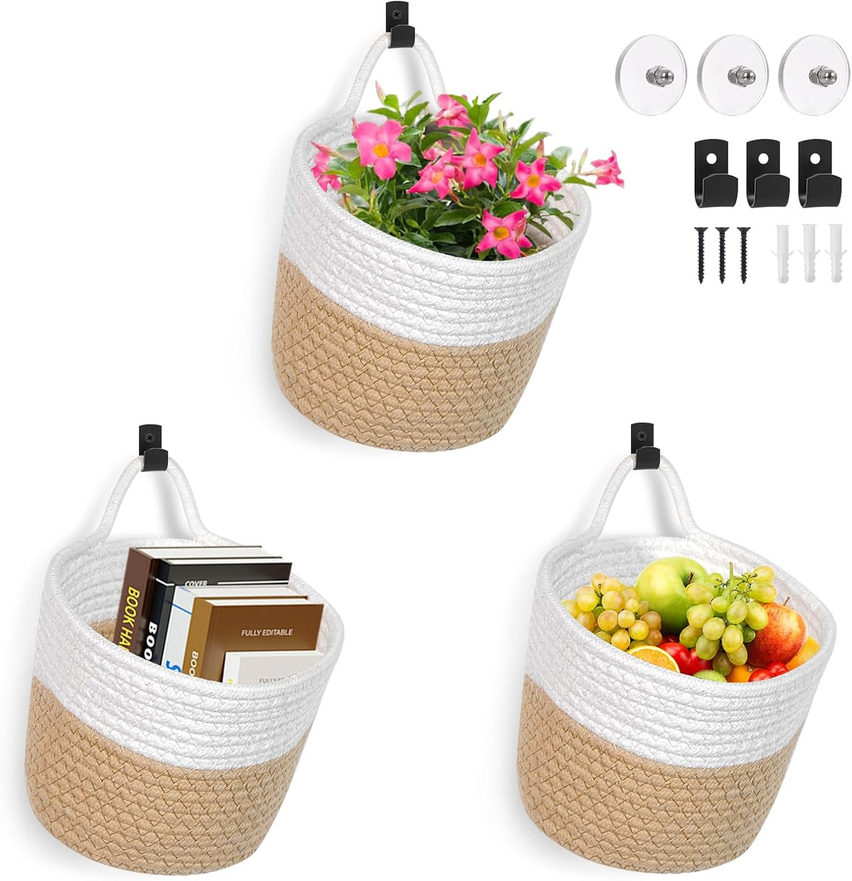 Fabric Wall Hanging Baskets 3 Pack - Woven Storage Organizers with Adhesive Hooks, Boho Style Wall Mounted Pouches for Home Kitchen Door (Large, White & Coffee)