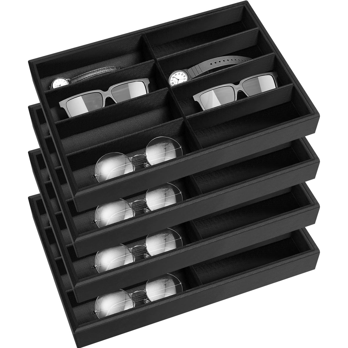 Amylove 4 Pcs Gray Sunglass Organizer Trays 4 Grids Velvet Glasses Holder Jewelry Display Organizer Eyeglasses Storage Box Drawer