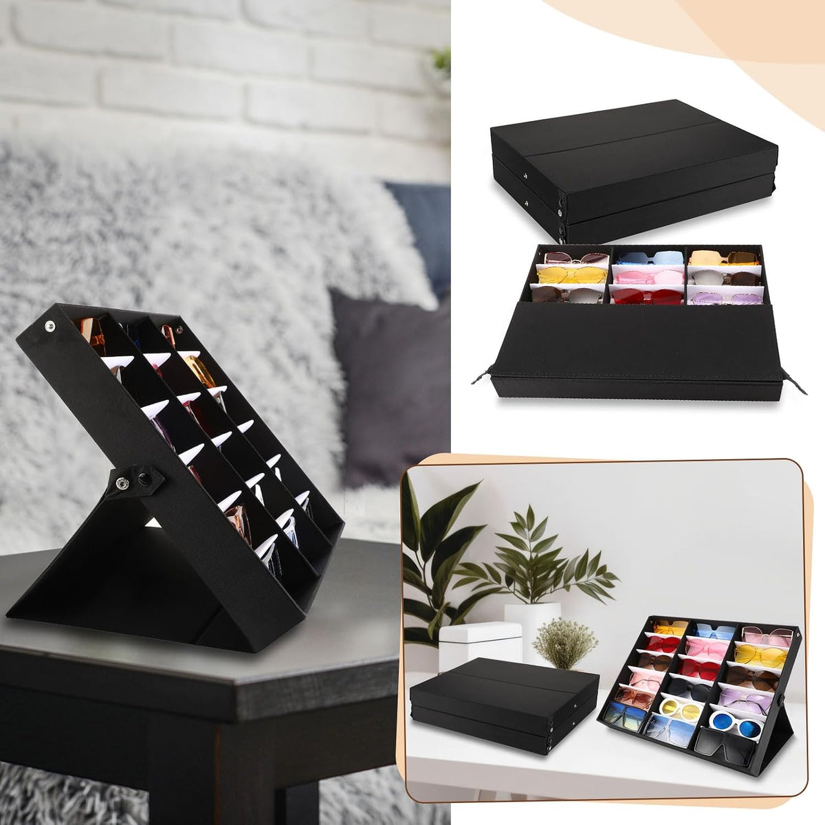 Soaoo 3 Pcs 18 Slot Sunglasses Organizer Storage Holder Eyeglasses Display Case Tray with Stand Fabric Lined Jewelry Storage Box