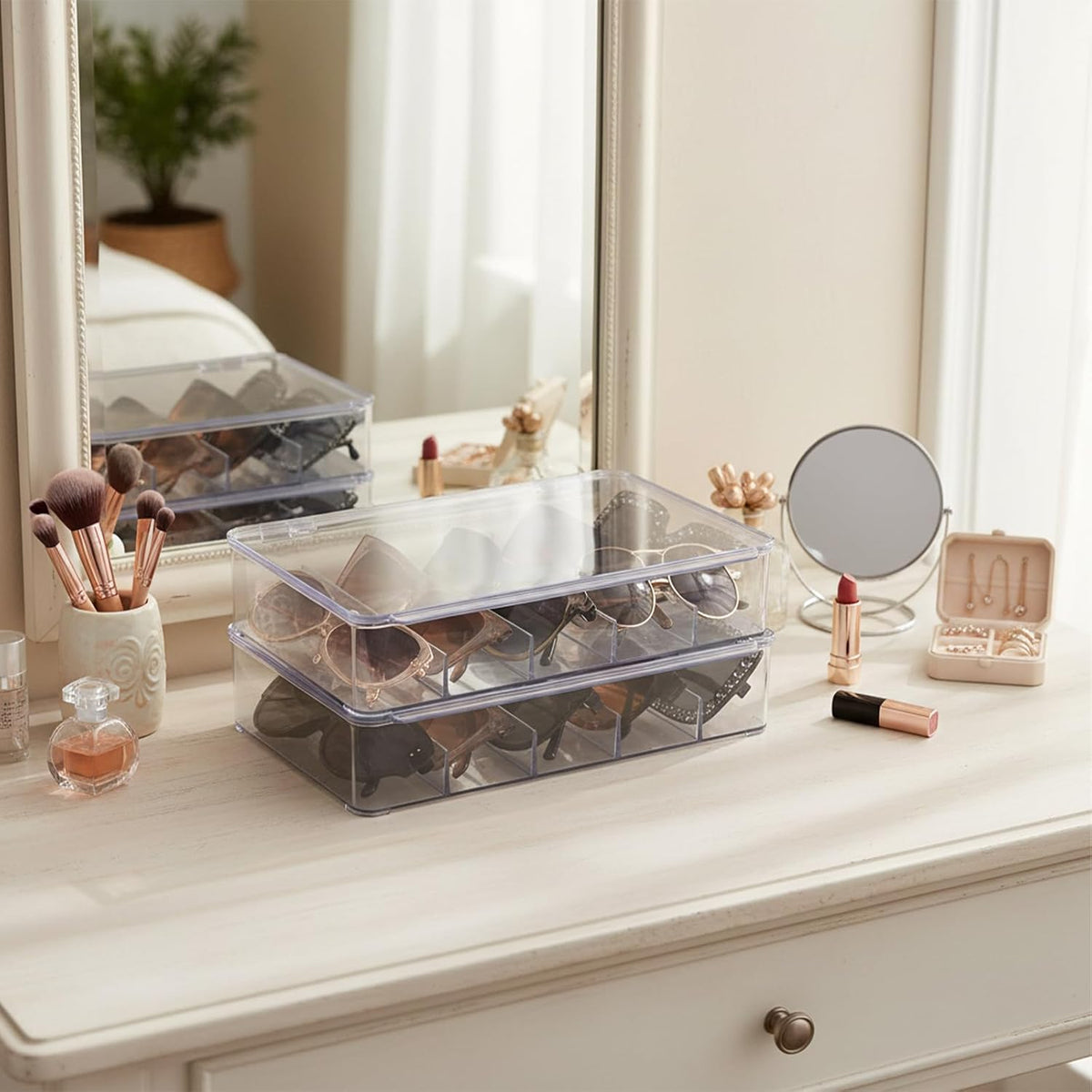 2PCS Sunglasses Organizer, 5 Slot Clear Glasses Storage Case Clear