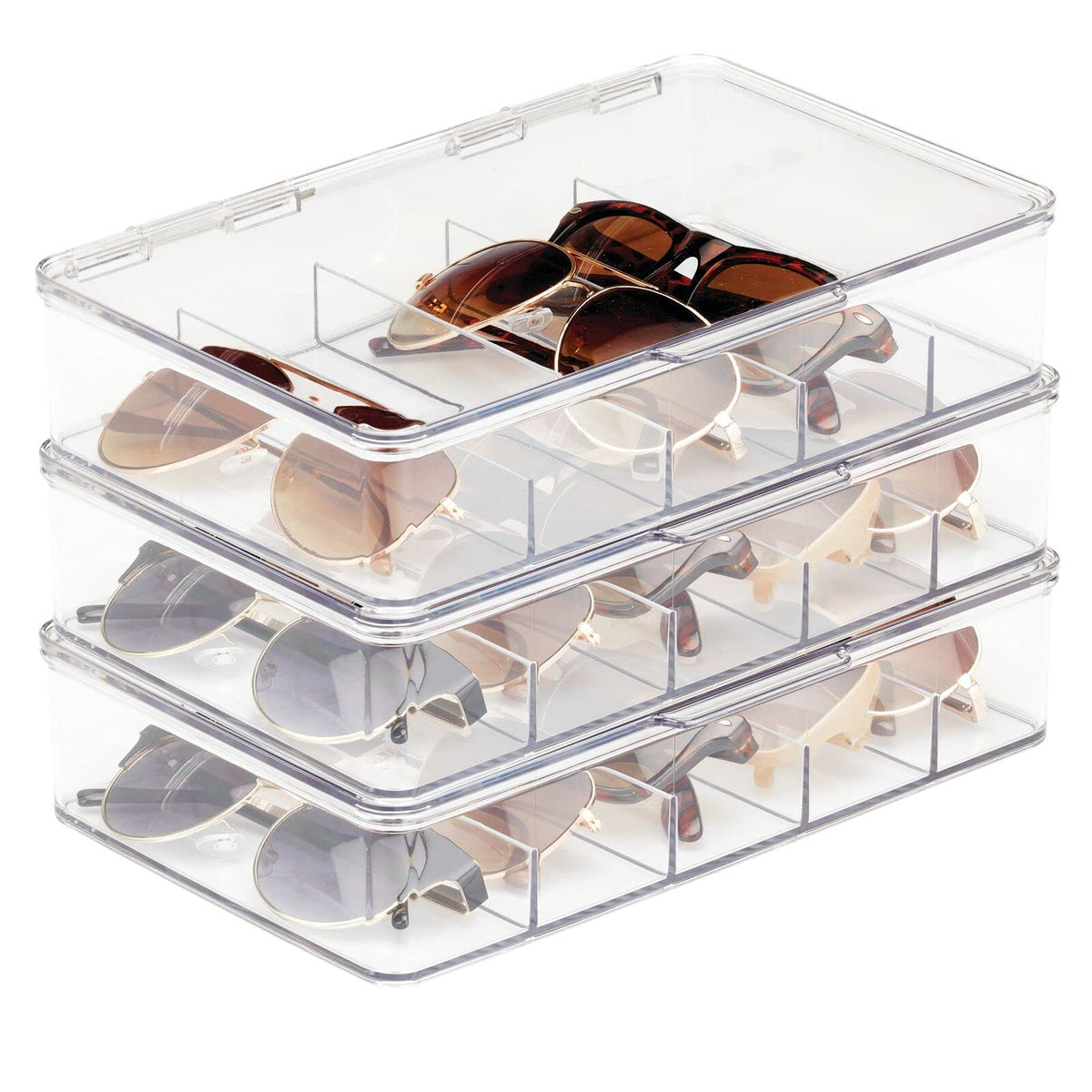mDesign Plastic Stackable Eyeglass Case Storage Organizer with Hinged Lid for Unisex Sunglasses, Reading Glasses, Fashion Eye Wear, Protective Glasses, 5 Sections, Ligne Collection - 2 Pack - Clear