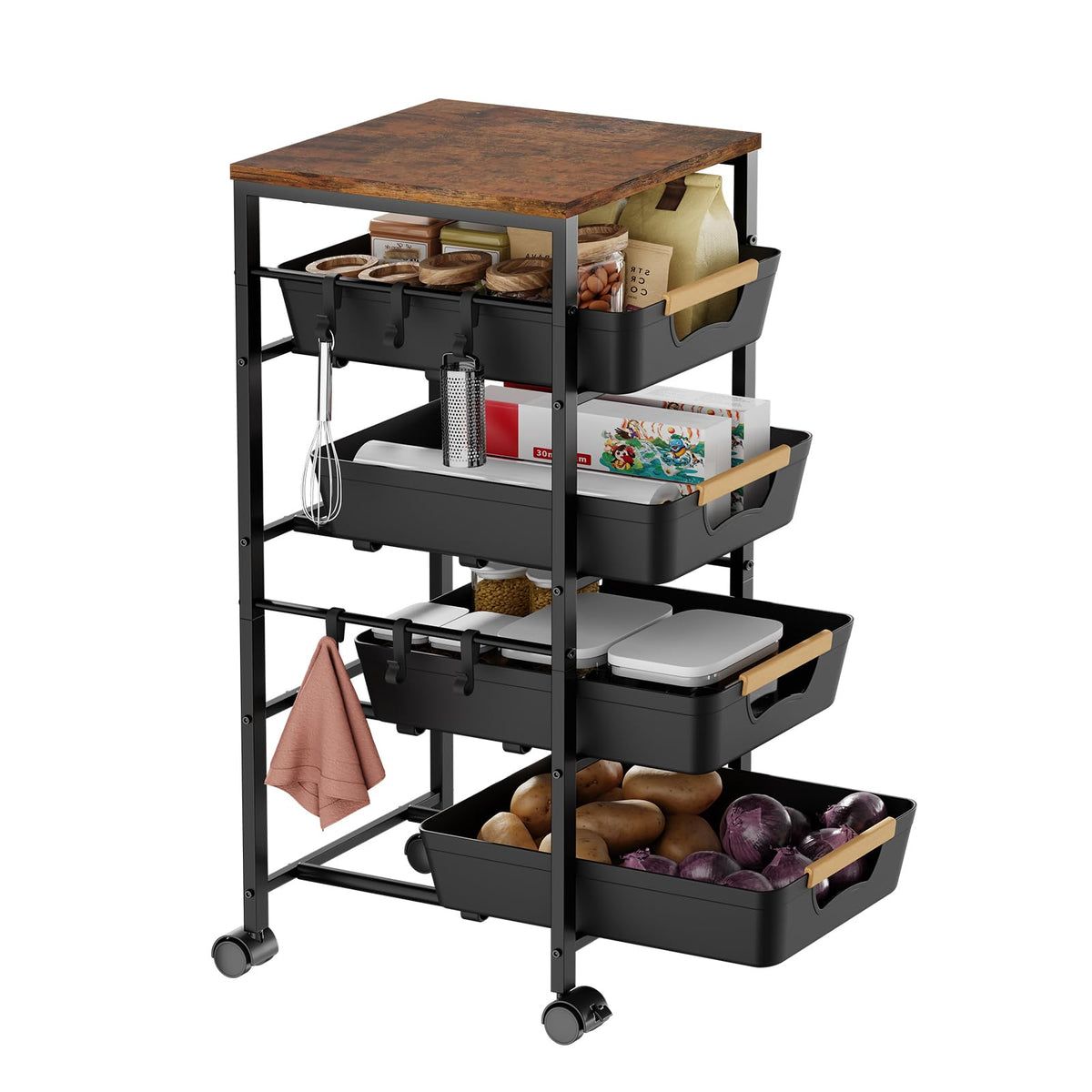 5-Tier Kitchen Storage Cart, Wood Top Rolling Cart Organizer with Pull-Out Baskets & Wheels, Metal Snack Cart with Holder for Fruit, Vegetable, Microwave, Kitchen, Pantry, Black