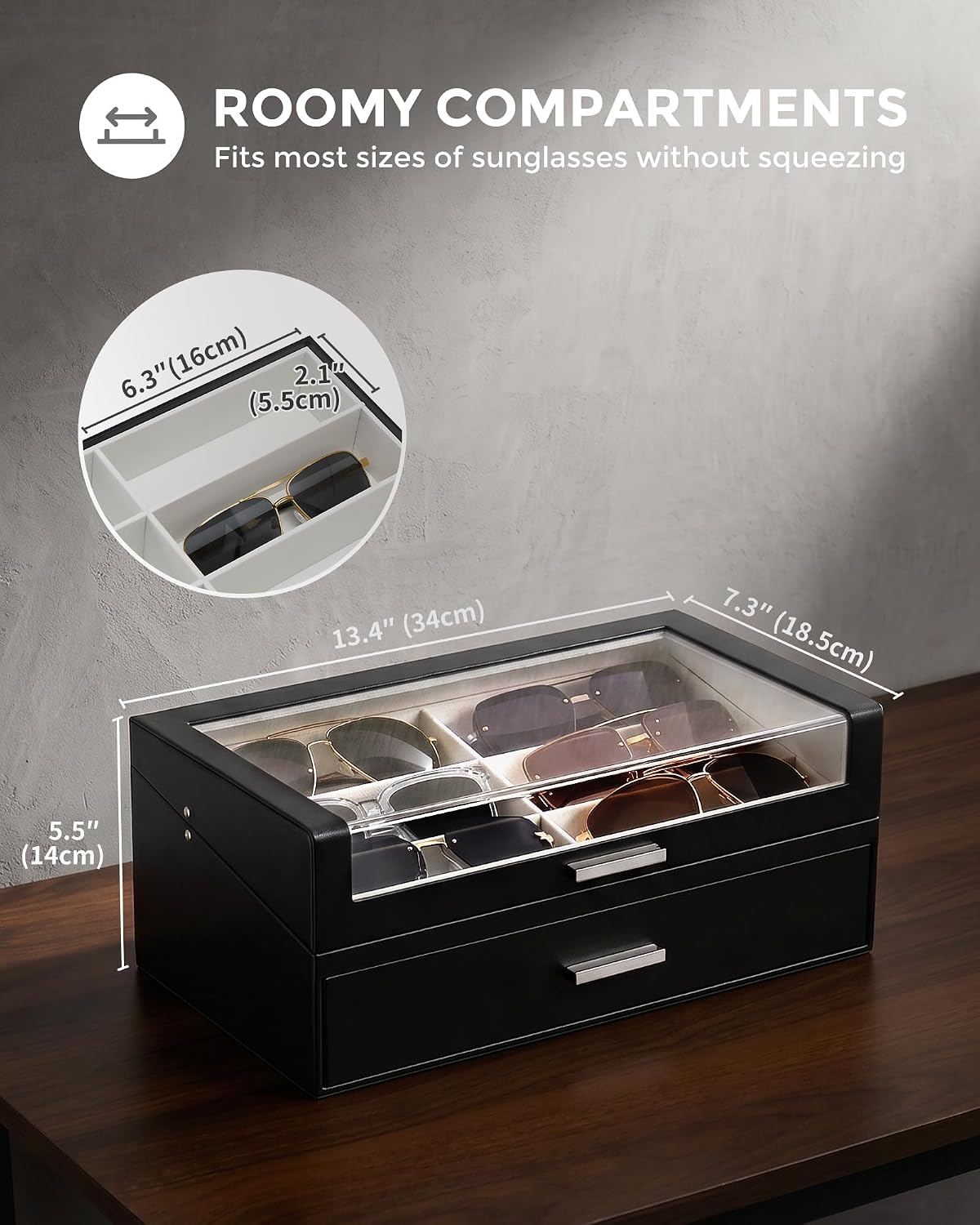 ProCase 12 Slots Sunglasses Box with L-Shaped Clear Lid -Black