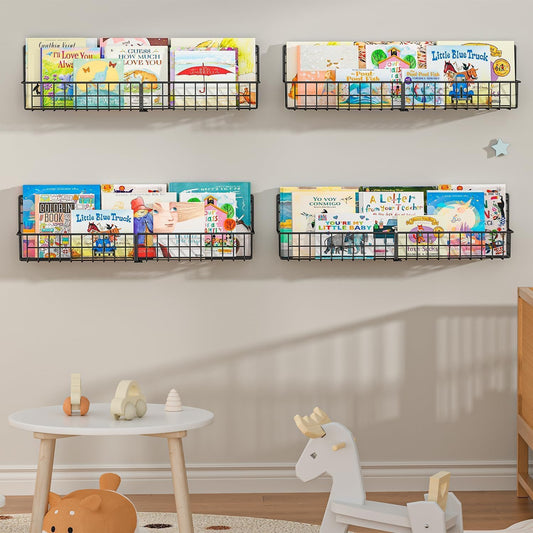X-cosrack 23.5 Inch Wall Mounted Kids Bookshelf, Floating Metal Book Shelves for Kids Nursery Toddler Classroom, Hanging Book Shelf Organizer for Room Decor, Black, Set of 4