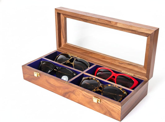 Handmade Wooden Sunglasses Organizer Box with Glass Lid – Luxury Eyewear Storage Case for Men –6 Slot Glasses Display Holder, Watch & Eyeglass Collector Box, Gift for Him (2)
