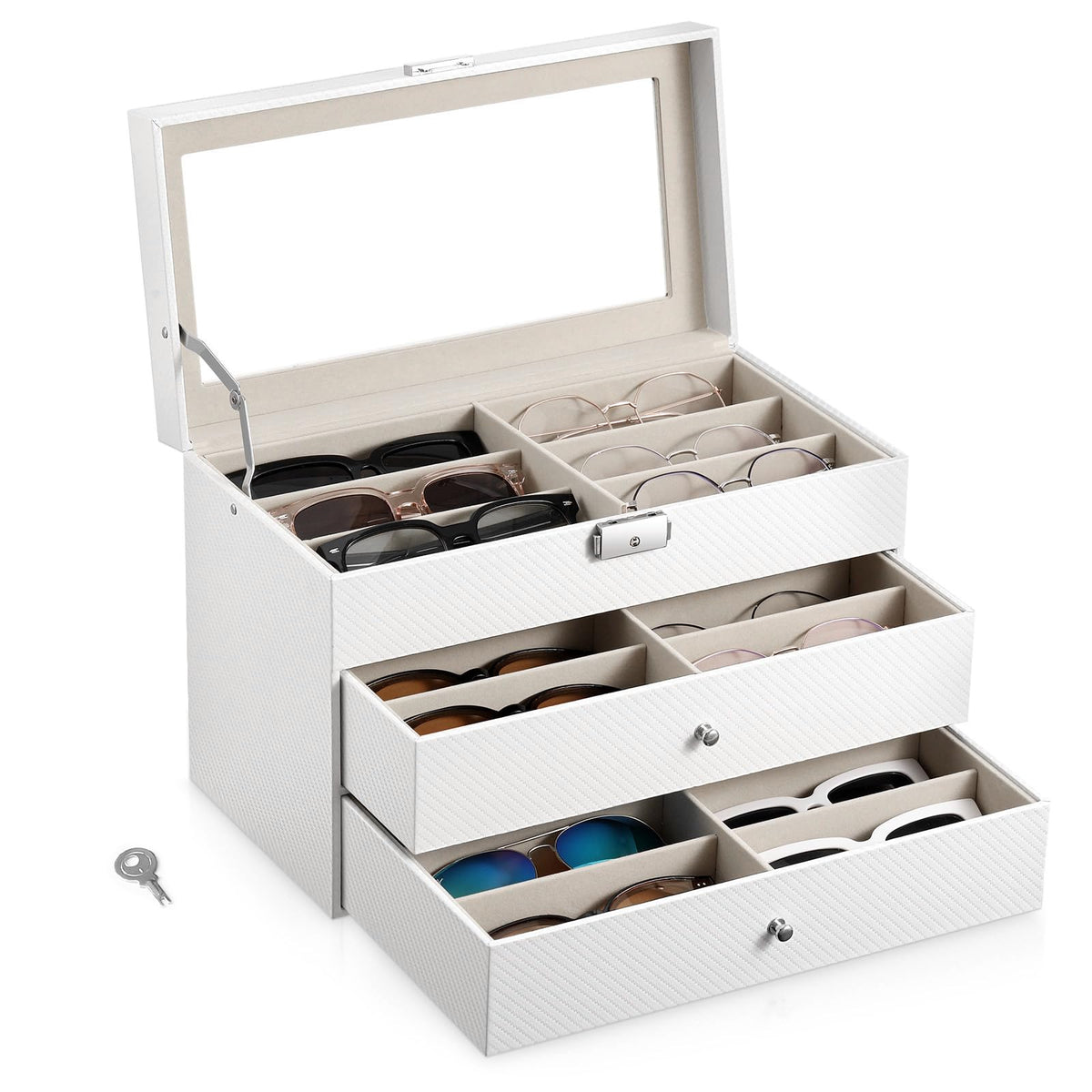 MoKo Sunglasses Organizer, Leather Sunglass Display Collection Holder Case with Drawer Clear Glass Lid