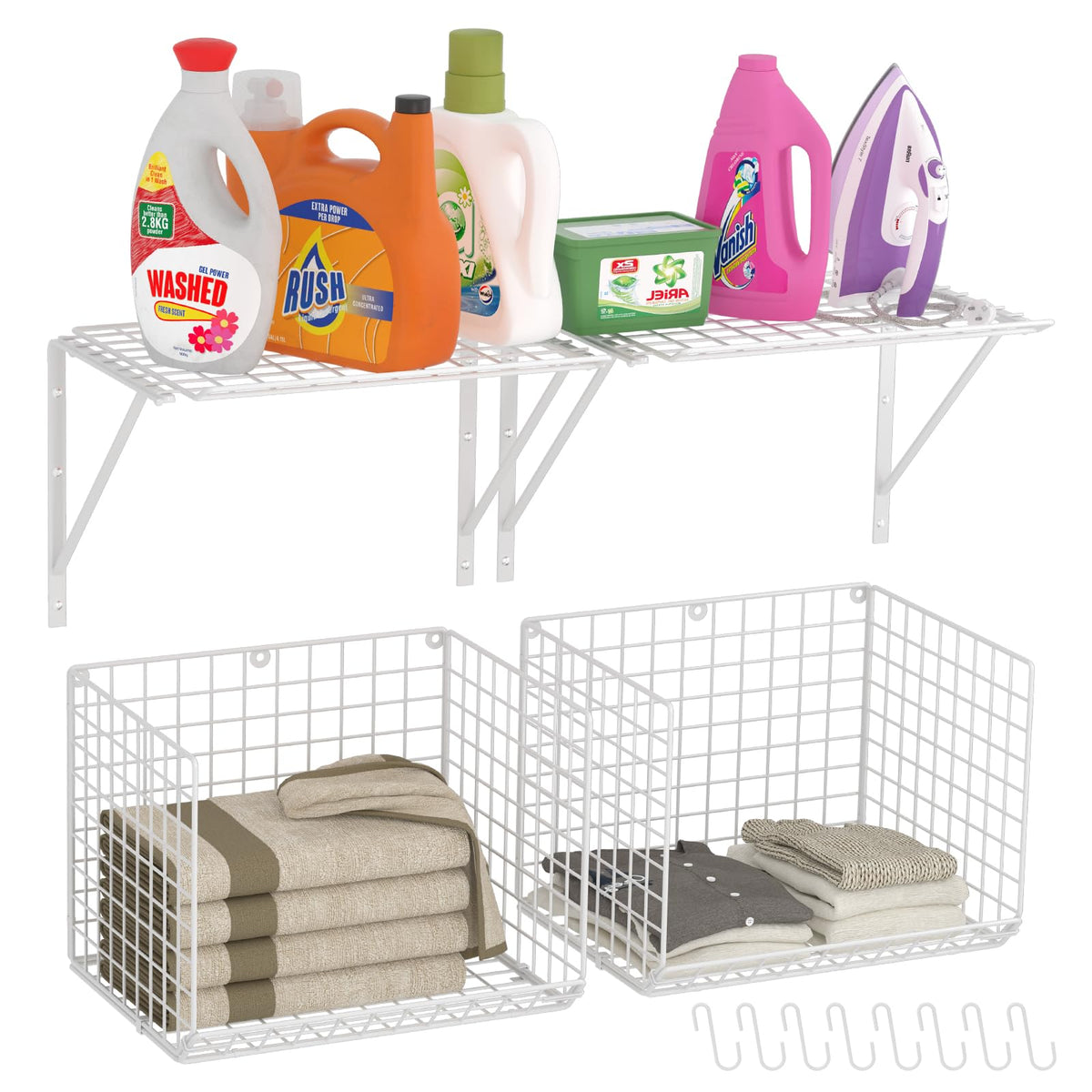 2 Pack Laundry Room Shelves Wall Mounted with Wire Baskets, Over the Washer and Dryer Shelf with Clothes Drying Rack, 8 Hooks,Wire Shelves Baskets for Laundry Closet Organization and Storage, White