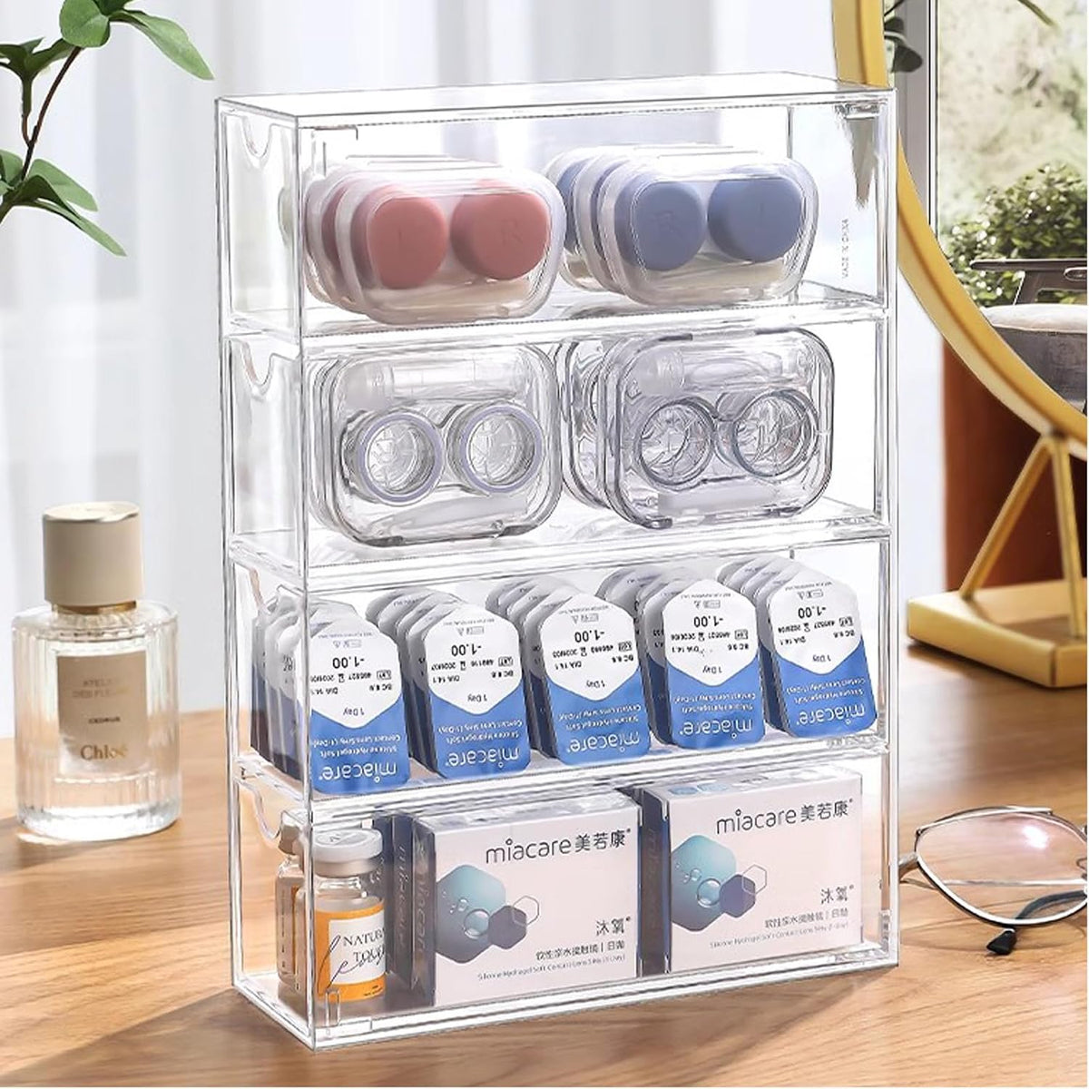 Kenpal Sunglasses Organizer for Multiple Pairs, Acrylic Stackable Glasses Holder with 4 Drawers, Transparent Eyeglass Case
