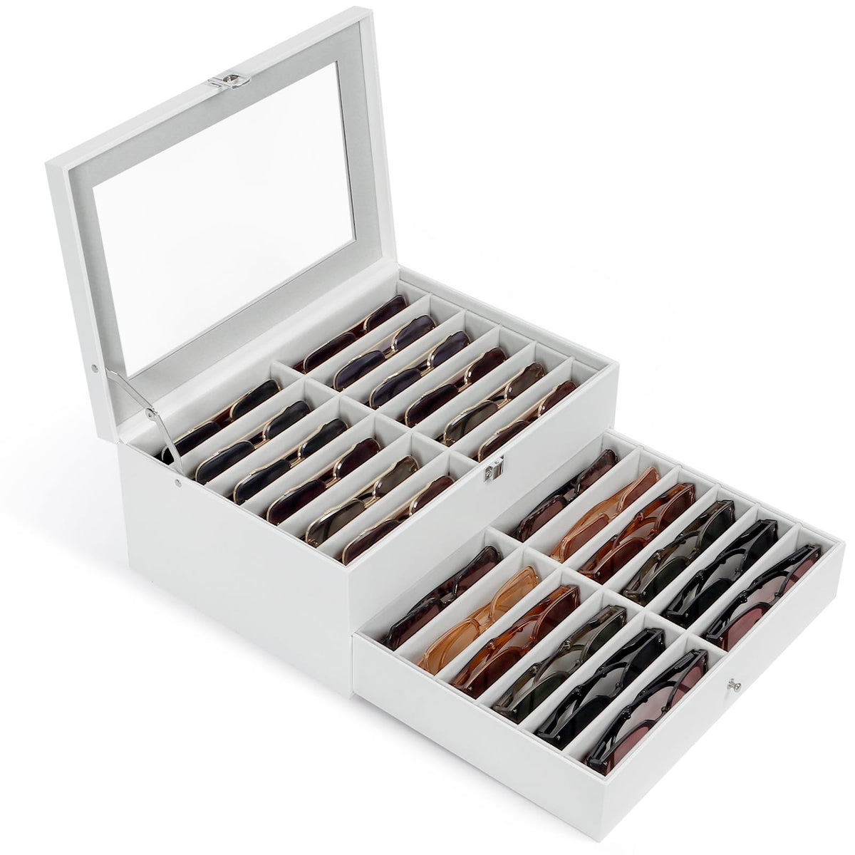 Sunglasses Storage Organizer Case with 24 Adjustable Slots, 2 Layer Multi Eyeglass Glasses Display Box with Lid Women