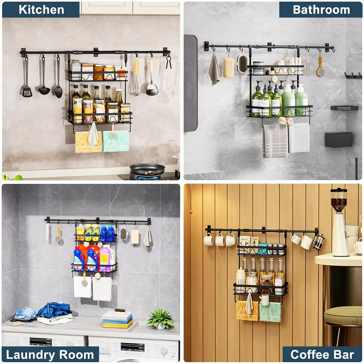 Wall-Mounted Storage Rack, Adjustable Rod Length, Two-Tier with Hooks