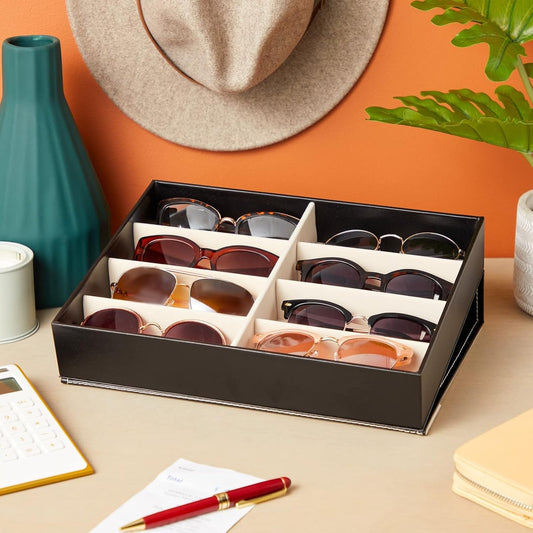 Juvale Glasses Case Organizer - 8-Slot, 12.6 x 9.8 x 2.5 in, Black Faux Leather - Sunglasses Storage & Holder for Nightstand & Desk - Flip-Top Display Case