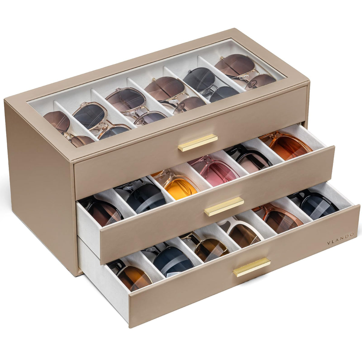 VLANDO 18-Slot Sunglasses Organizer Case with Clear Lid & 3 Drawers,Beige