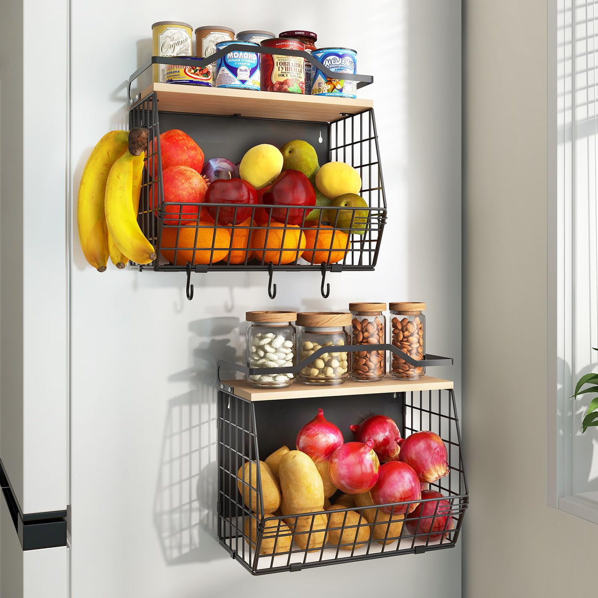 Wawocs Fruit Basket for Kitchen Counter 2 Tier Fruit Bowl, Stackable Wall Mounted Hanging Fruit Basket Wire Baskets with Wood Lid with 4 Banana Hanger Hooks, Onion Basket, Fruit and Vegetable Storage