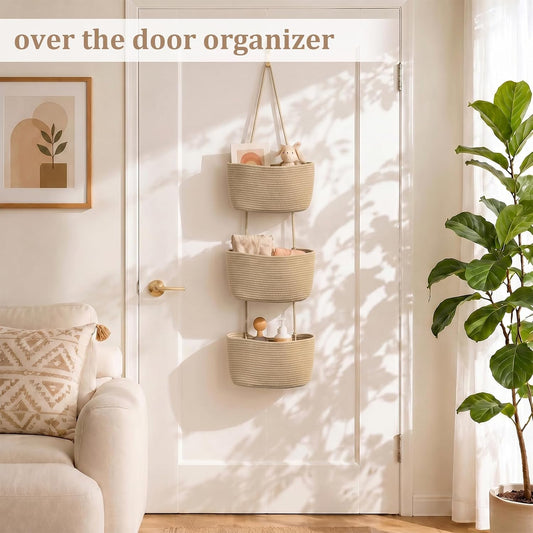 TeoKJ Over the Door Hanging Storage Basket Woven 3 Tier Wall Organizer Jute