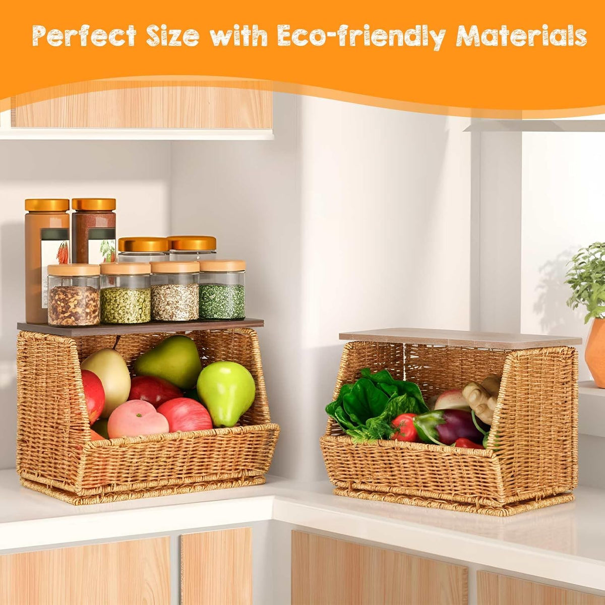 FoldTier 2 Pcs Stackable Wicker Fruit Basket with Wood Lid for Kitchen Desk