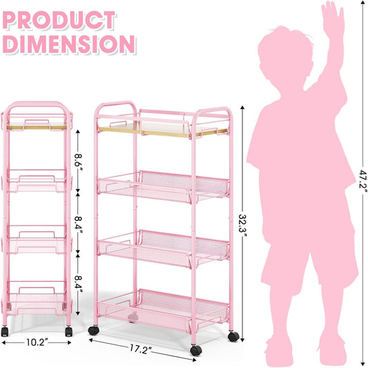 TOOLF 4-Tier Rolling Cart, Metal Utility Cart, Slide Out Storage Cart with Wooden Tabletop and Mesh Baskets, Easy Assemble Trolley for Kitchen Bathroom Laundry Room Bedroom Apartments Dormitory