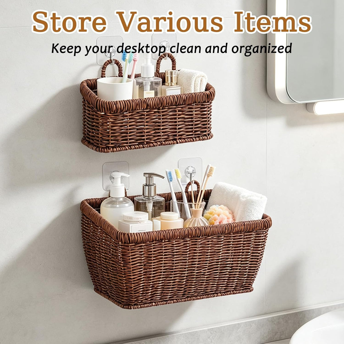 3 Pcs Handmade Wall Basket With Hooks, Boho Style Decor Hanging Baskets, Plastic Adhesive Wall Mount Cabinet Organizer for Living Room, Kitchen & Garden(Brown)