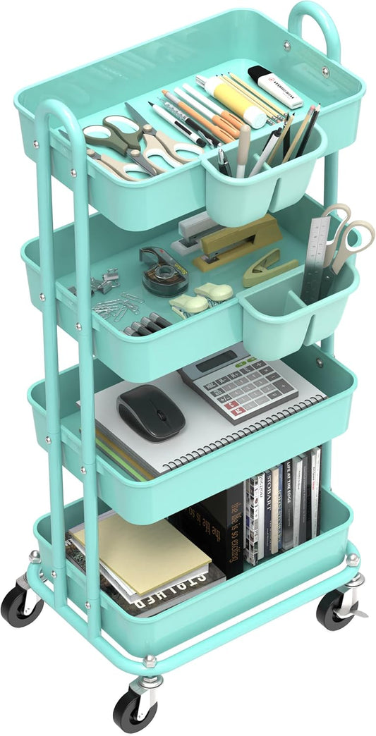 Simple Houseware 4-Tier Rolling Utility Cart with Hanging Bucket, Turquoise