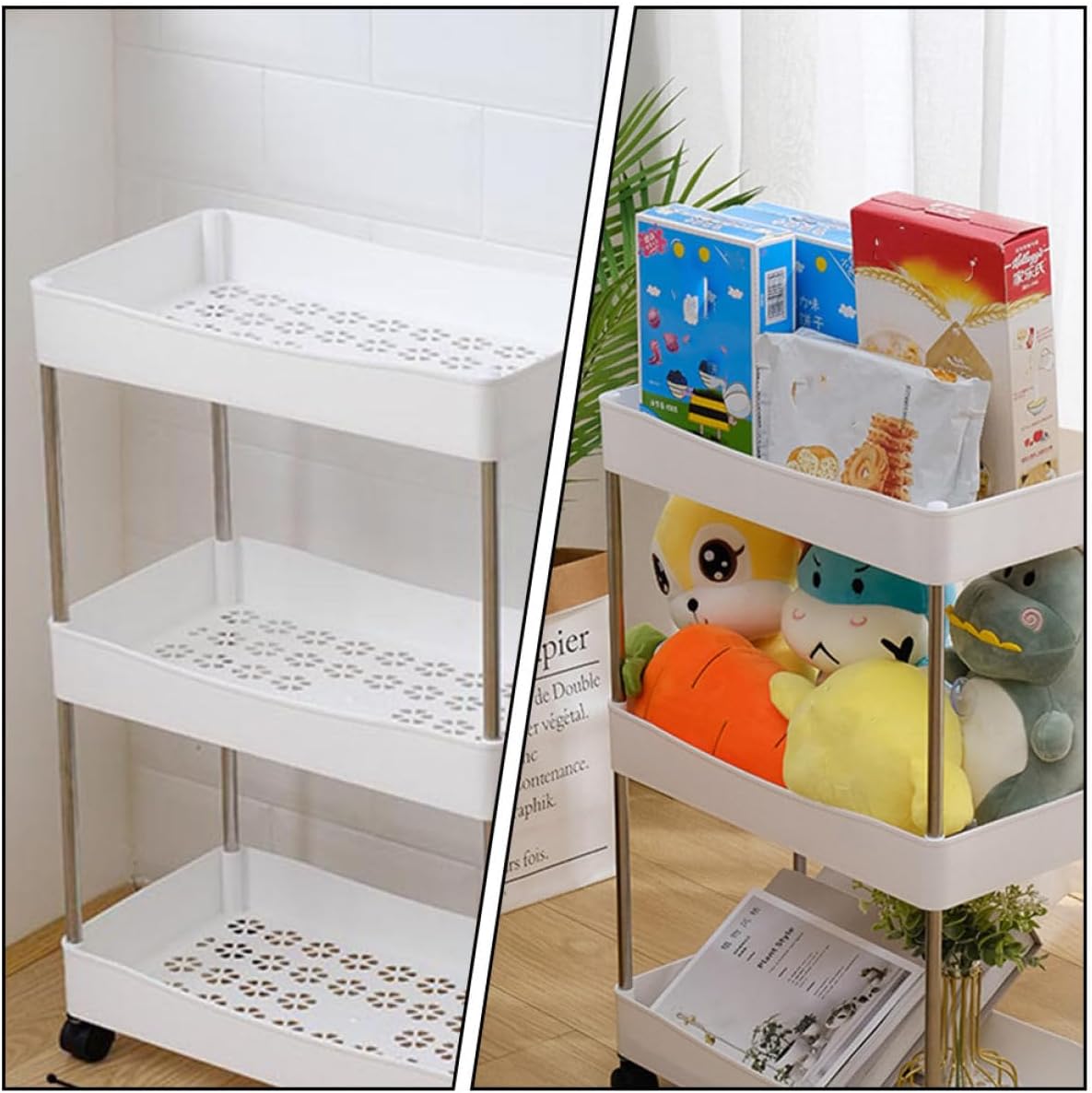 SMASOLO White 3-Tier Rolling Storage Rack for Kitchen and Bathroom Use