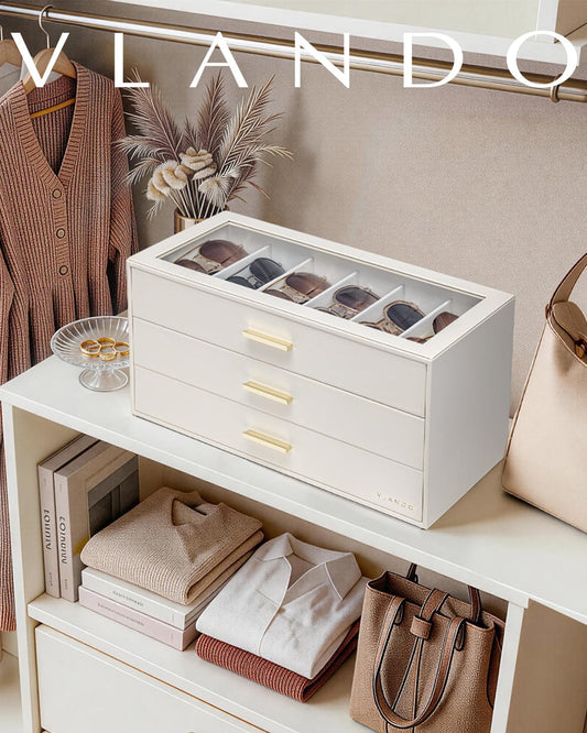 VLANDO 18-Slot Sunglasses Organizer Case with Clear Lid & 3 Drawers,Beige