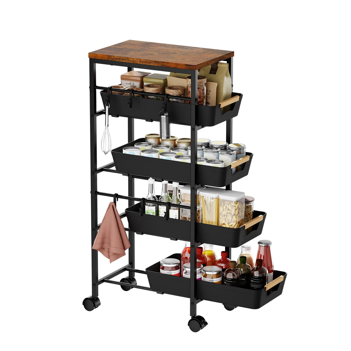 5-Tier Kitchen Storage Cart, Wood Top Rolling Cart Organizer with Pull-Out Baskets & Wheels, Metal Snack Cart with Holder for Fruit, Vegetable, Microwave, Kitchen, Pantry, Black