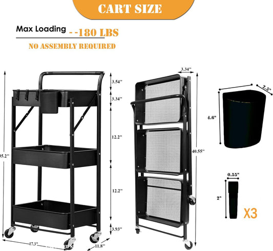 Foldable Rolling Cart 3 Tier Utility Storage Cart No Assembly Metal Heavy Duty Kitchen Carts Folding on Wheels Trolley Organizer Cart with Cup and Hooks for Office/Classroom/Dorm(Black)