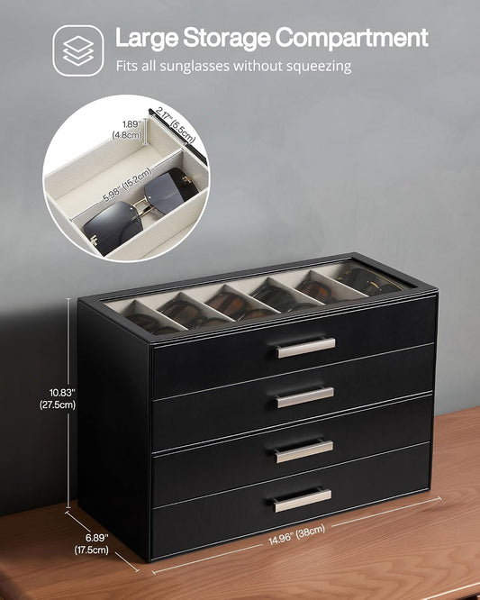 ProCase Sunglasses Organizer Box with Clear Glass Lid, PU Leather Eyeglass Storage Display Case for Men and Women