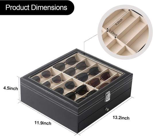 20 Slots Sunglasses Storage Jewelry Box, PU Leather Large Sunglasses Organizer Case Holder with Clear Lid
