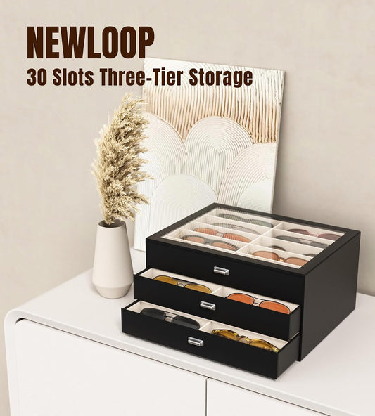NEWLOOP Sunglass Organizer Display Case - Sunglasses Holder for Men Women Multiple Pair Eye Glasses Storage Organizer 3-Layer Jewelry Watch Eyeglass Collection Box with 30 Slots, Black