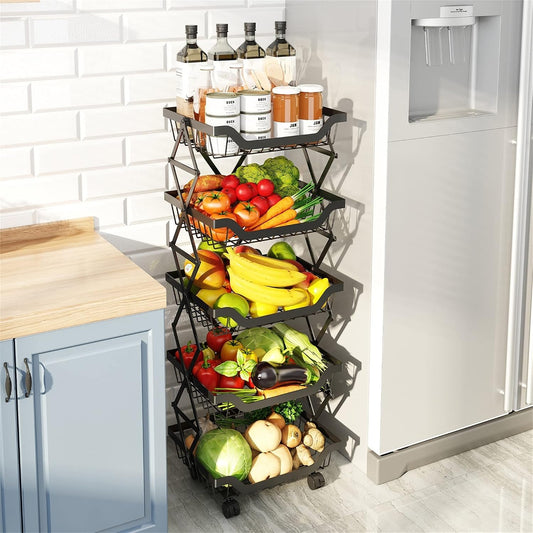 5-Tier Rolling Pantry Floor Organizer with Wheels, Foldable Fruit Vegetable Storage Cart, Metal Wire Pantry Basket, Kitchen Fruit Basket Stand, Vegetable Storage Rack for Fruits Snack Onion Potato