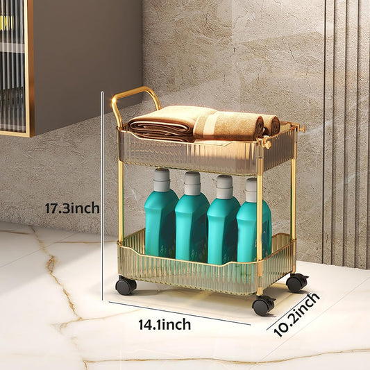 Acrylic Storage Trolley, Bathroom Kitchen Rolling Utility Cart Mobile Organization Shelves with Handle and Lockable Wheel(Gold,2 Tier)