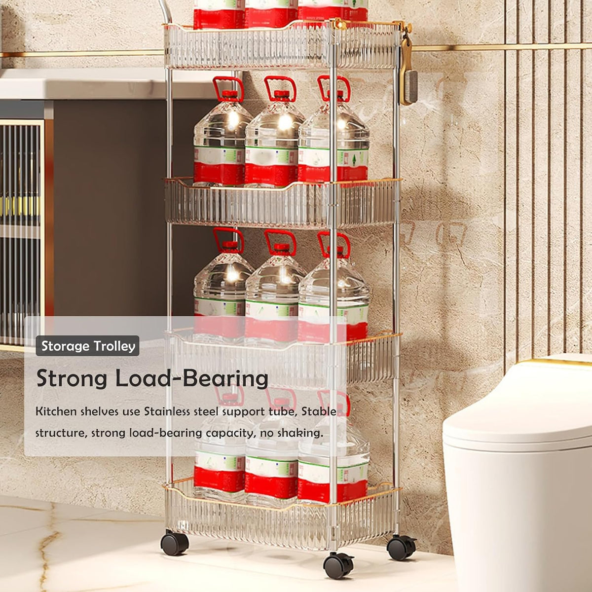 Acrylic Storage Trolley, Bathroom Kitchen Rolling Utility Cart Mobile Organization Shelves with Handle and Lockable Wheel(Gold,2 Tier)