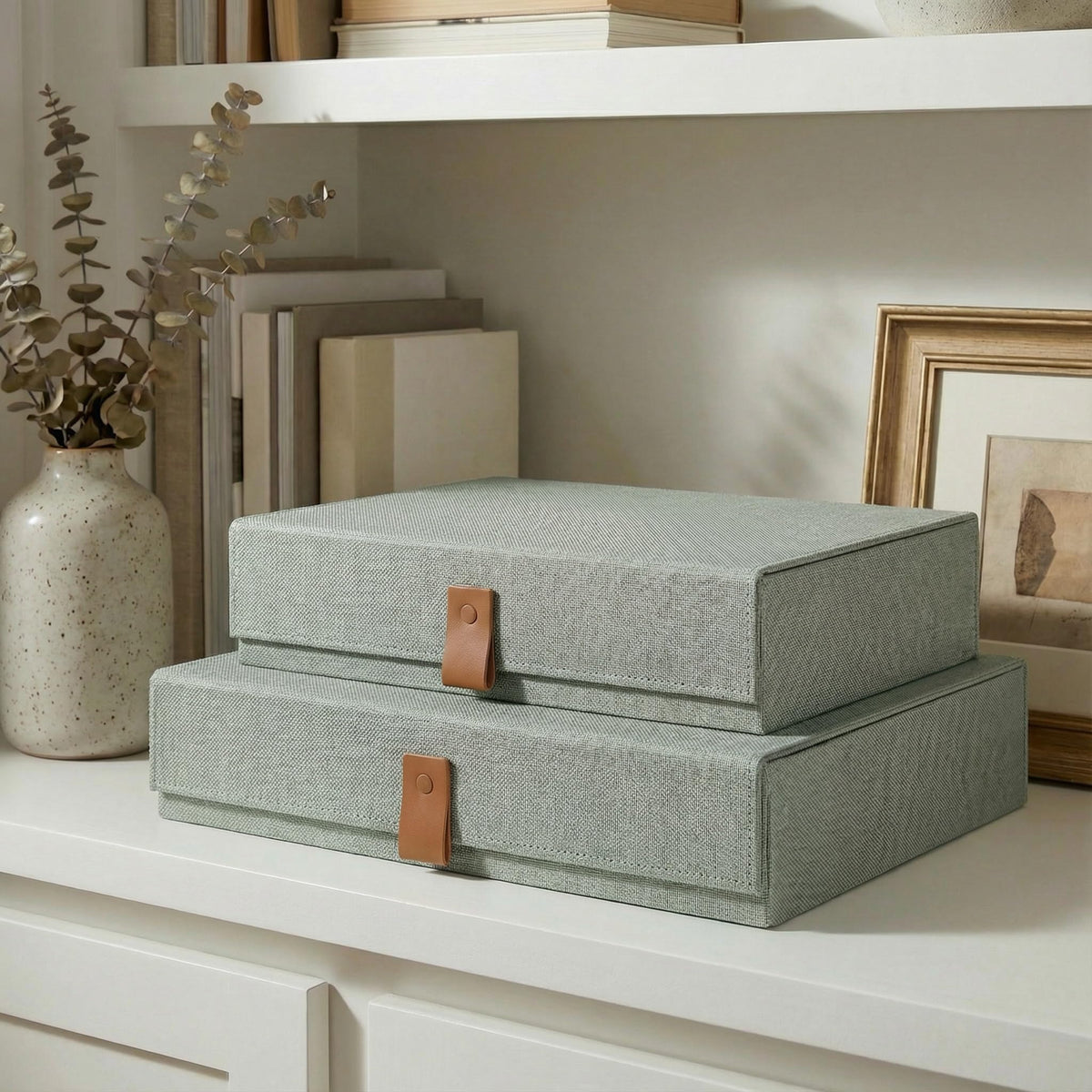 ZICOTO Decorative Photo Storage Boxes with Lids - Set of 2 Linen Organizers