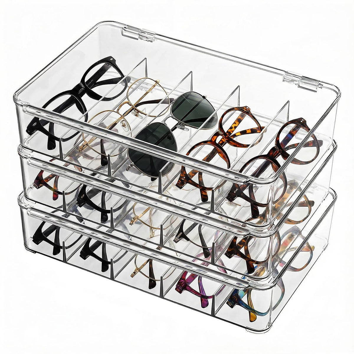 Sunglasses Organizer - Plastic Stackable Eyeglass Case Storage for Multiple Glasses & Reading Glasses