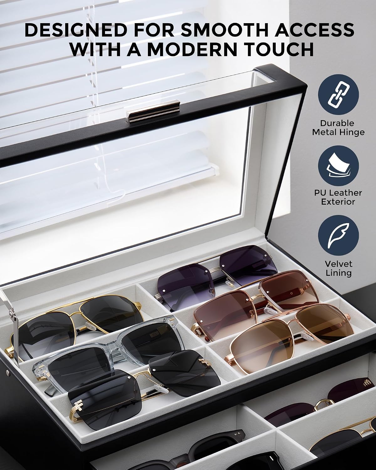 ProCase 12 Slots Sunglasses Box with L-Shaped Clear Lid -Black