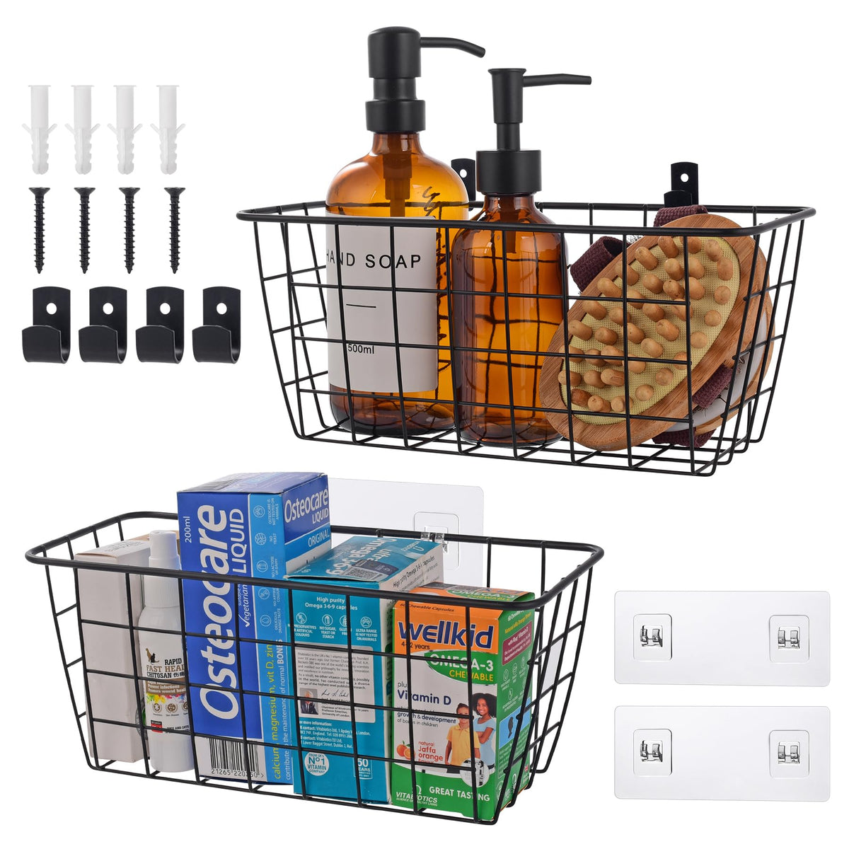 Wire Hanging Wall Basket, 4 White Metal Baskets, Adhesive Cabinet Organizer