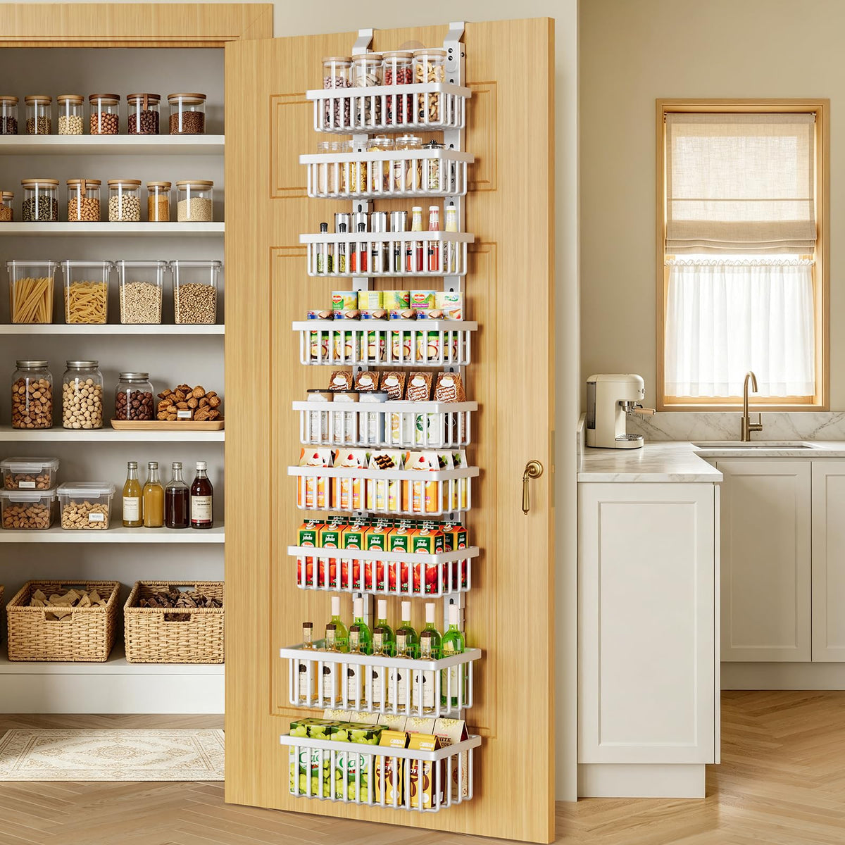 POKIPO 9 Tier Over The Door Pantry Organizer, 2 in 1 Wall Mount or Hanging Spice Rack with Adjustable Deep Basket, Heavy-Duty Seasoning Organizer and Storage for Kitchen Cabinet Closet Bathroom
