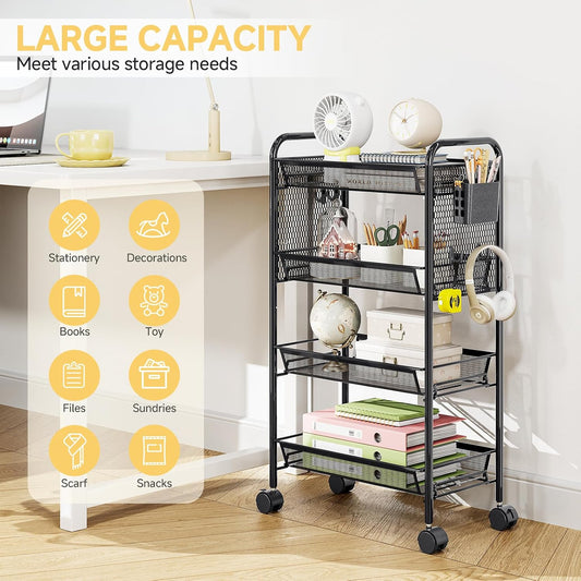 KINGRACK 4 Tier Rolling Cart, Metal Utility Storage Cart with Pegboard