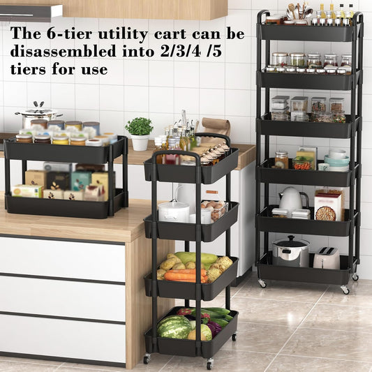 Sywhitta 6-Tier Plastic Rolling Utility Cart with Wheels for Storage,Black