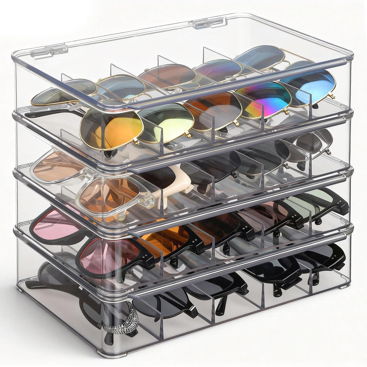 Ewen Clear Acrylic Stackable Sunglasses Case, Eyeglass Display Watches Sunglasses Makeup Organizer