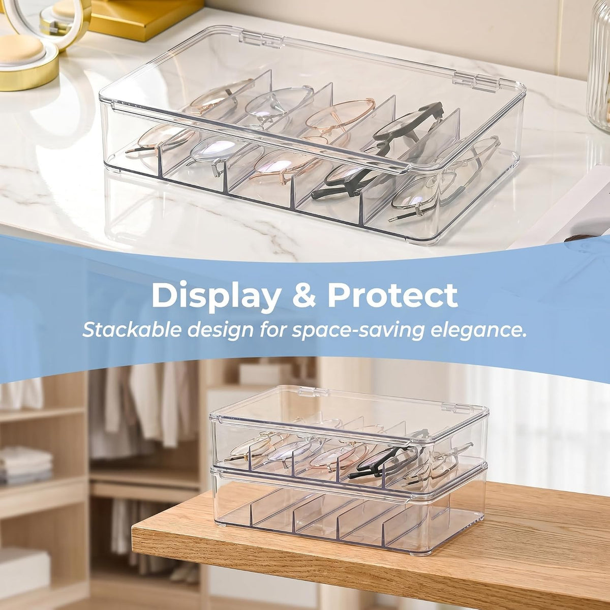 2 Pack Clear Acrylic Sunglasses Organizer, Stackable Eyeglass Storage Box with Hinged Lid, 5 Divided Compartments Each, Eyewear Display Case for Closet, Vanity, Dresser, Desk