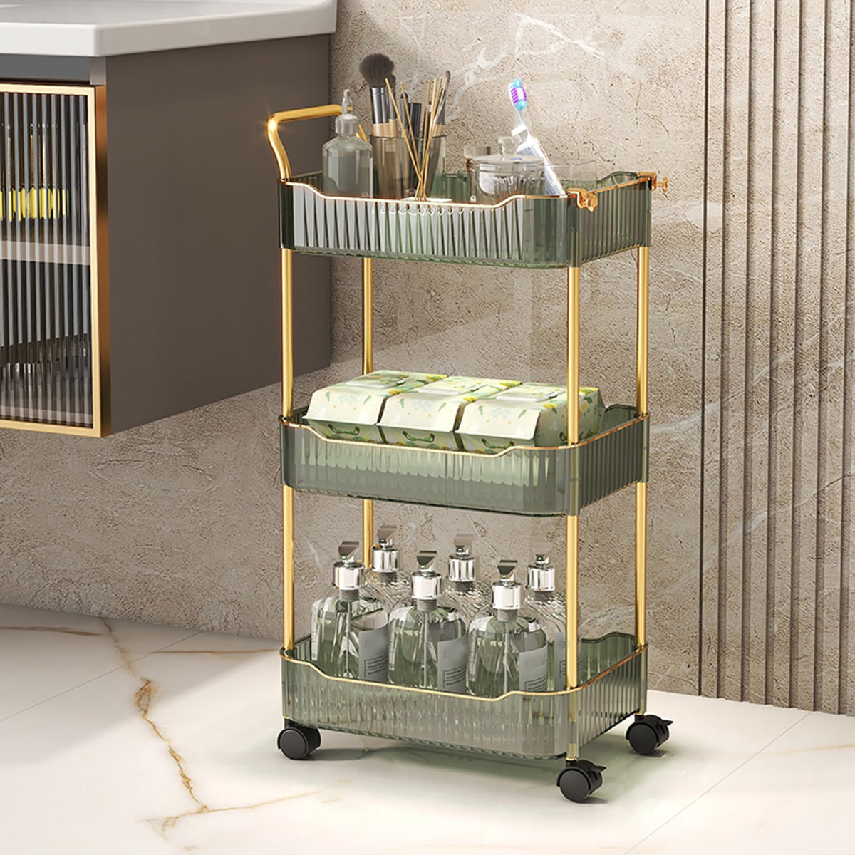 Acrylic Storage Trolley, Bathroom Kitchen Rolling Utility Cart Mobile Organization Shelves with Handle and Lockable Wheel(Gold,2 Tier)