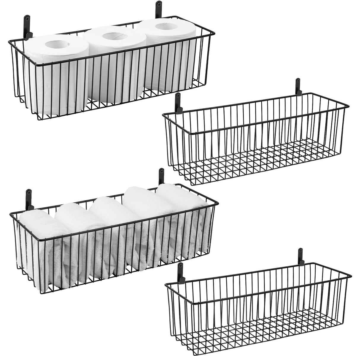 Black Wire Basket Wall Mounted(4 Pack) - Metal Toilet Paper Storage Basket - Rectangular Wire Baskets for organizing Kitchen,Bathroom,Countertop