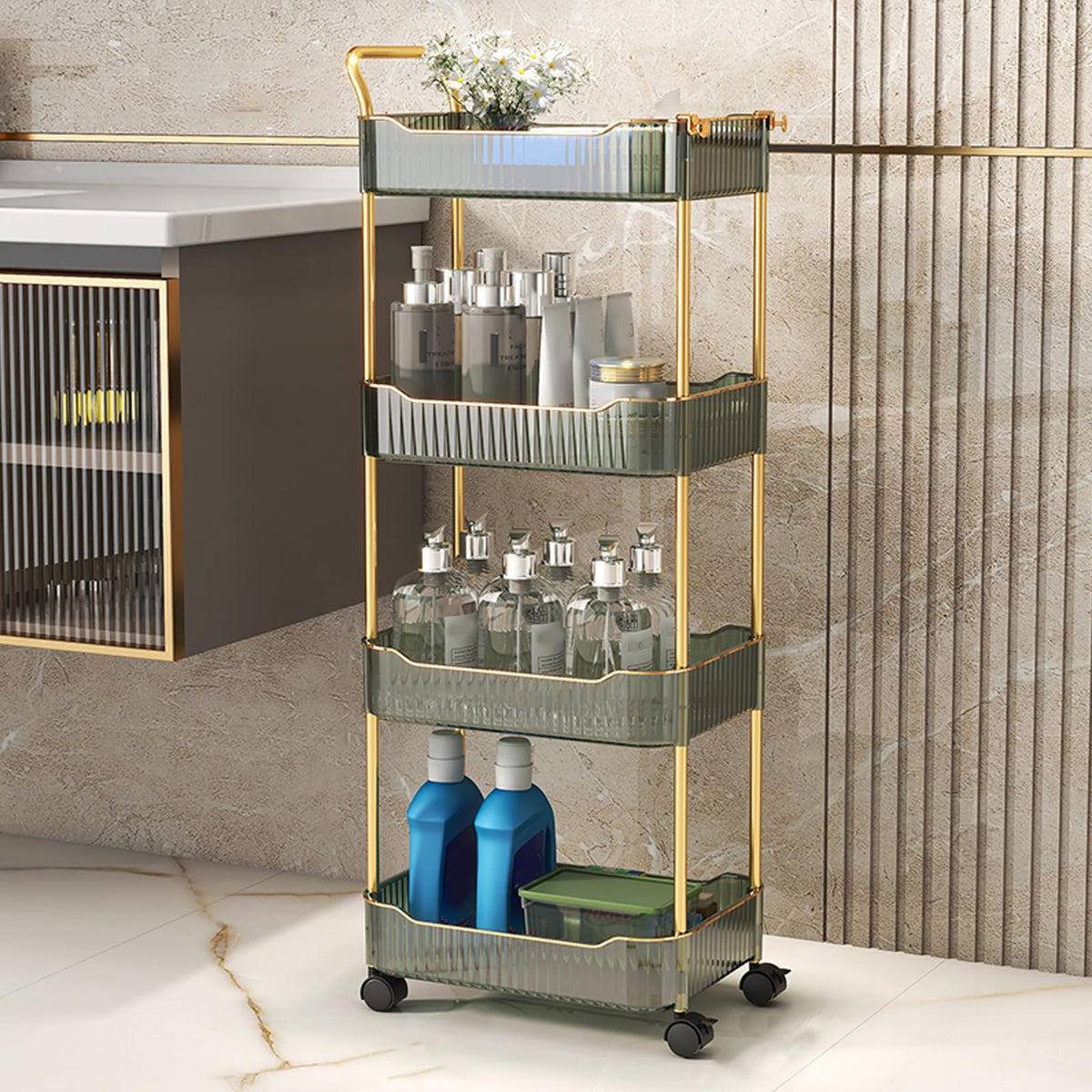 Acrylic Storage Trolley, Bathroom Kitchen Rolling Utility Cart Mobile Organization Shelves with Handle and Lockable Wheel(Gold,2 Tier)