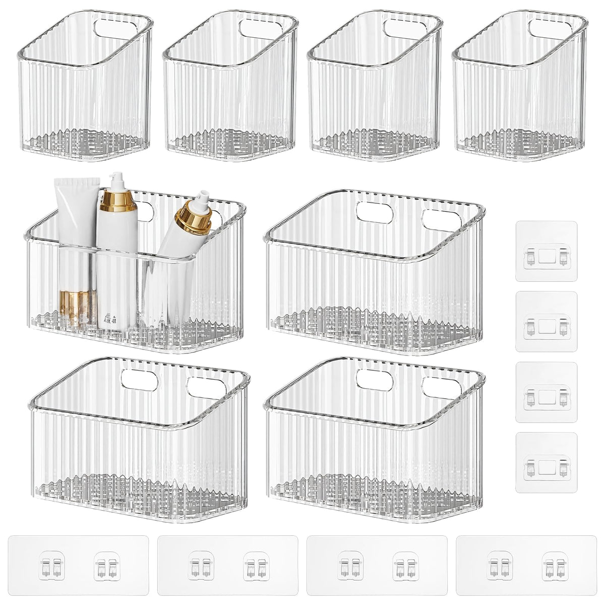 8 Pack Clear Wall Mounted Storage Bins, Acrylic Cabinet Door Organizer Baskets, Bathroom Wall Storage Organizer with Drain Hole, Adhesive Hanging Bins for Fridge Kitchen, BPA Free