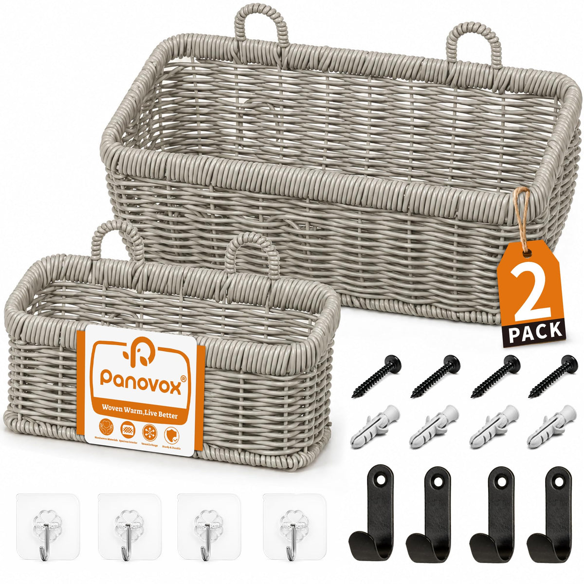 Wall Hanging Baskets, 2 Pack Woven Wicker Baskets with Hooks, Brown