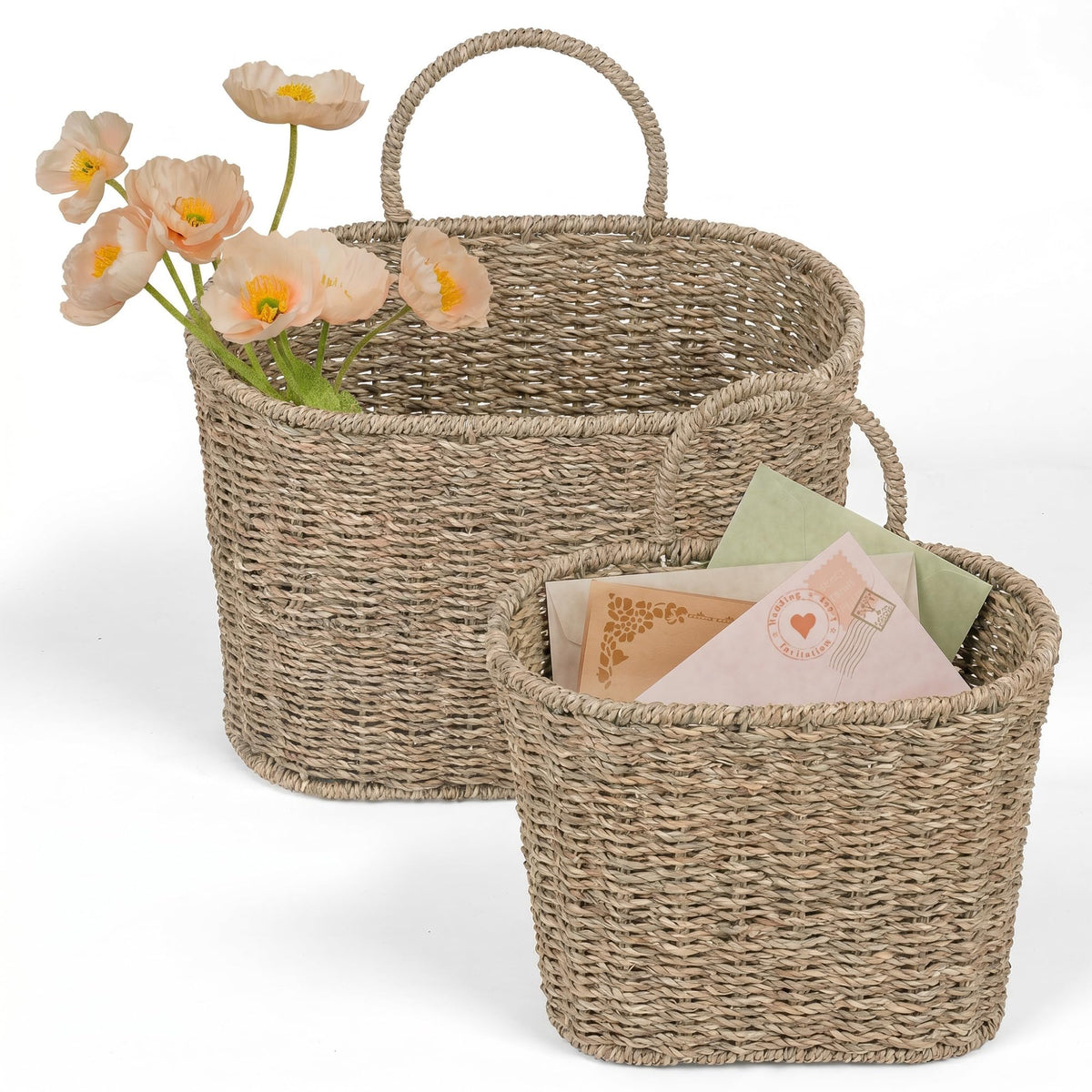 iEGrow Set of 2 Hanging Basket, Wicker Wall Basket Natural Water Hyacinth, Hanging Baskets for Organizing and Decor, Storage Baskets for Door Mounted Entryway Flower Mail Plant Garden